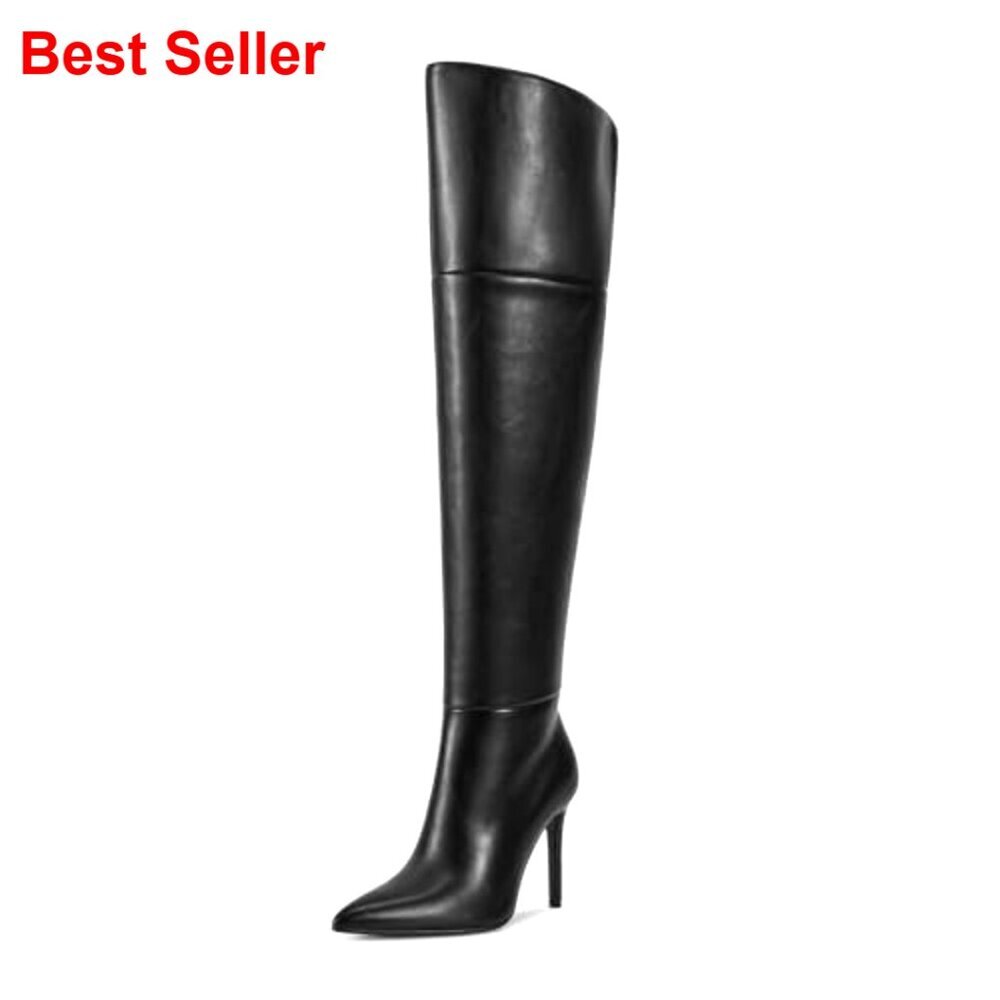 Stiletto Heel Thigh High Boots, PU Leather, Zipper Up, Party Wear - Picture 4 of 7
